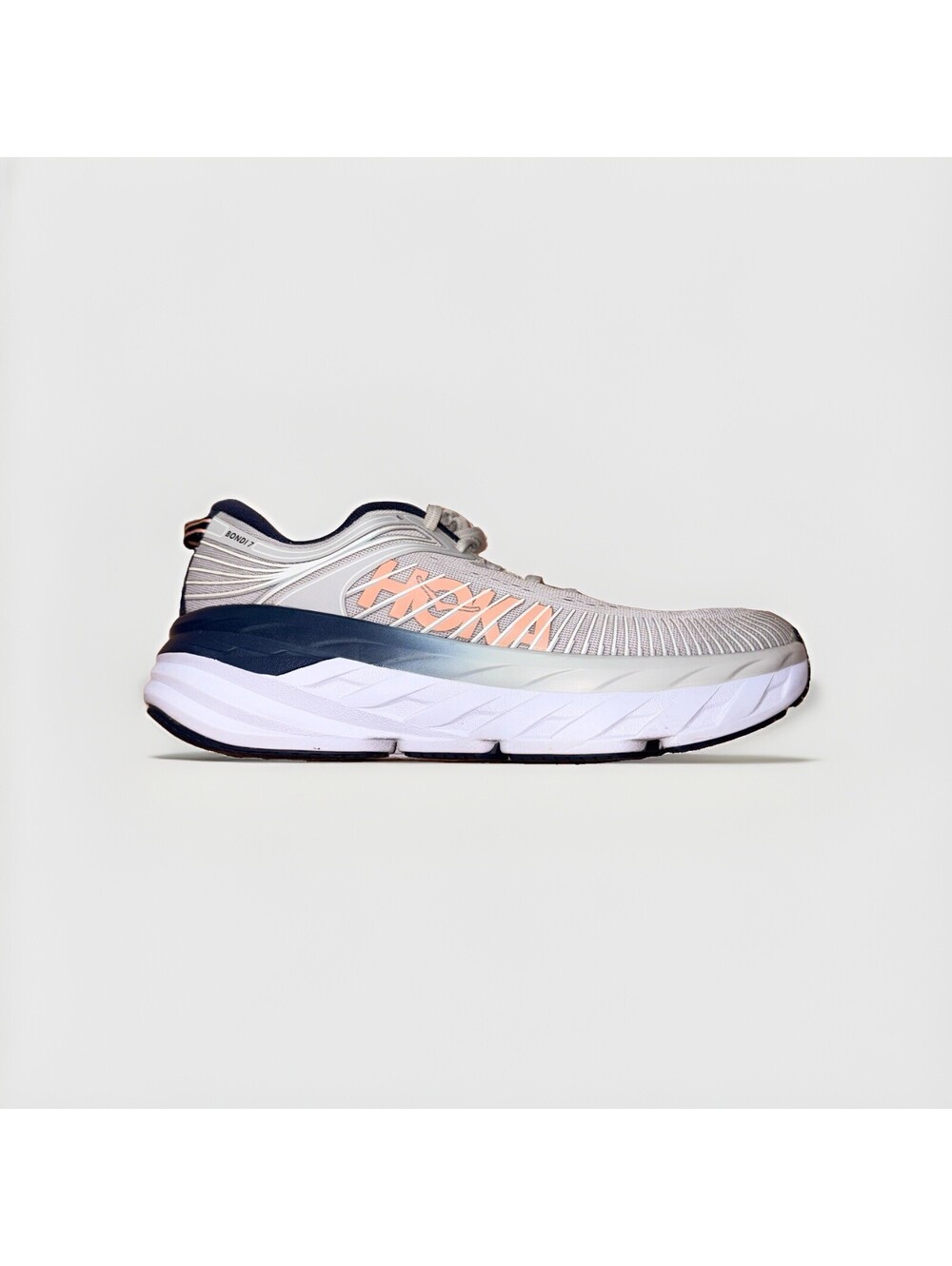 Hoka One One Bondi 7 Women’s Size 8 Gray Navy Running Walking Shoes Sneakers